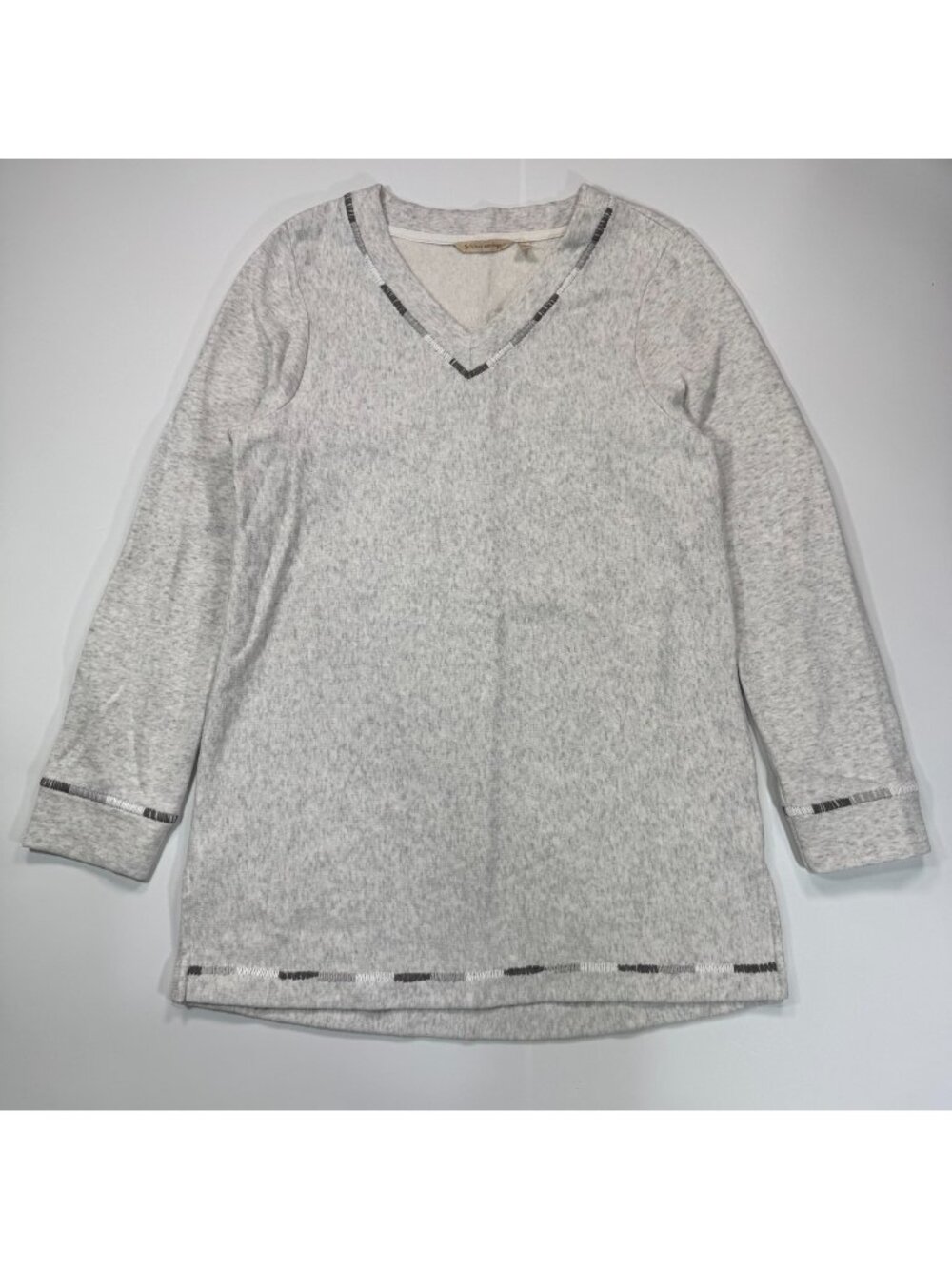 Soft Surroundings Sweater Women's M Gray Cotton Fleece-Lined Stitch Detail Cozy